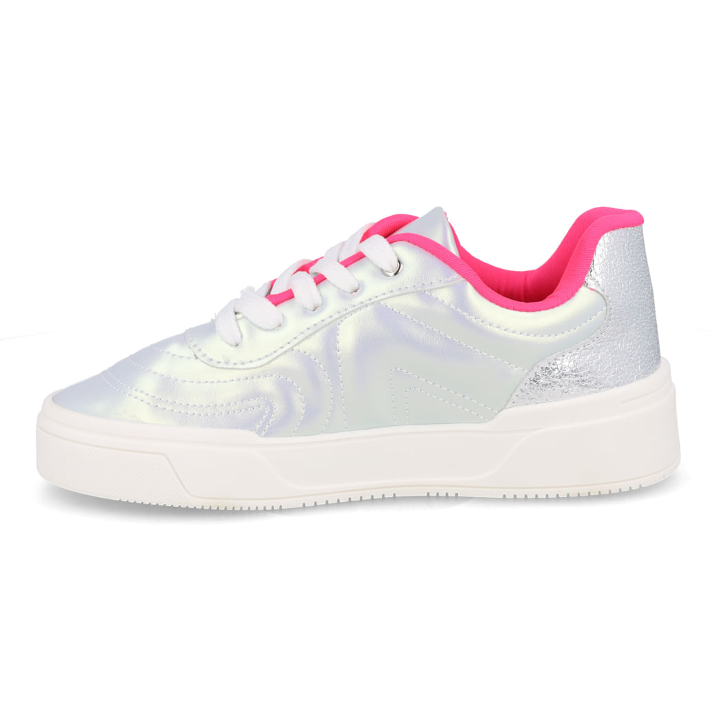 Tênis casual feminino juvenil Funfeet prata holográfico vista lateral esquerda com detalhes rosa vibrante